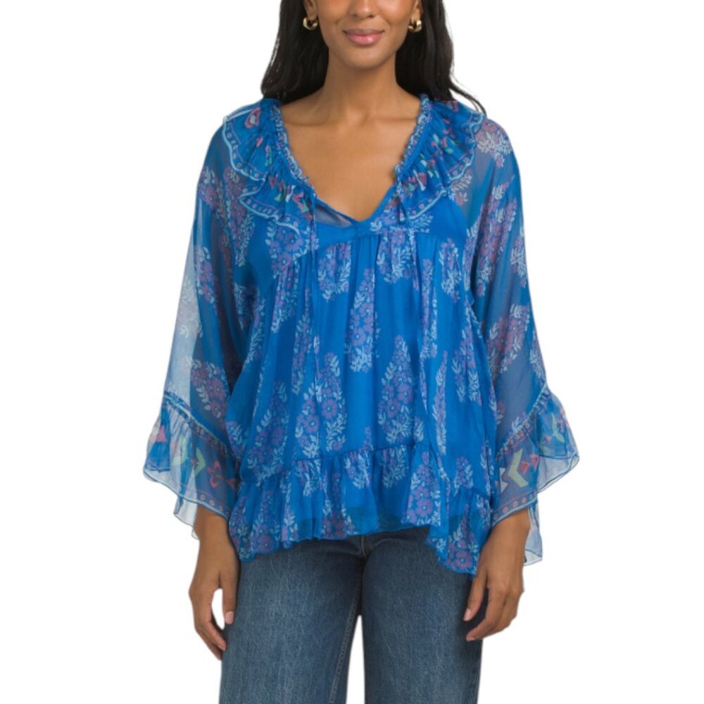 JOHNNY WAS Silk Gal Ruffle Tie Blouse